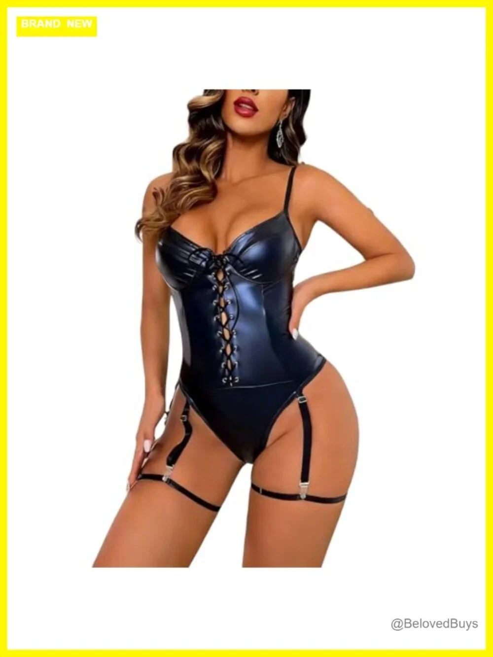 PU Leather Lace Up Bodysuit Corset Teddy Sexy V Neck Backless